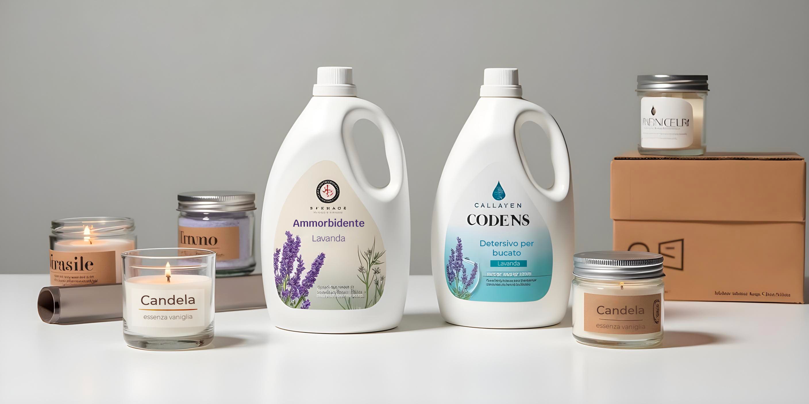 Prodotti etichettati con etichette in bobina, inclusi candele e detergenti per bucato, dimostrando la versatilità delle etichette in vari settori