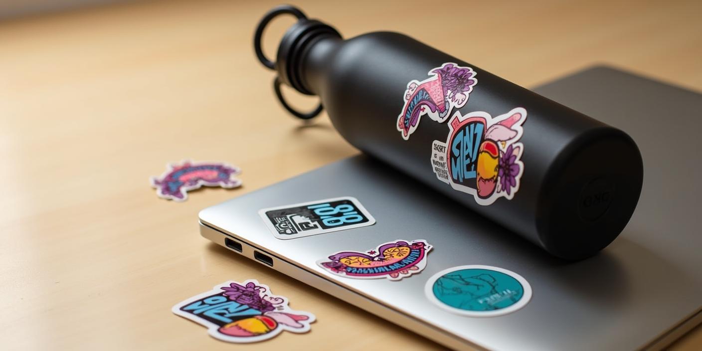 Stampa adesivi personalizzati colorati applicati su borraccia e laptop